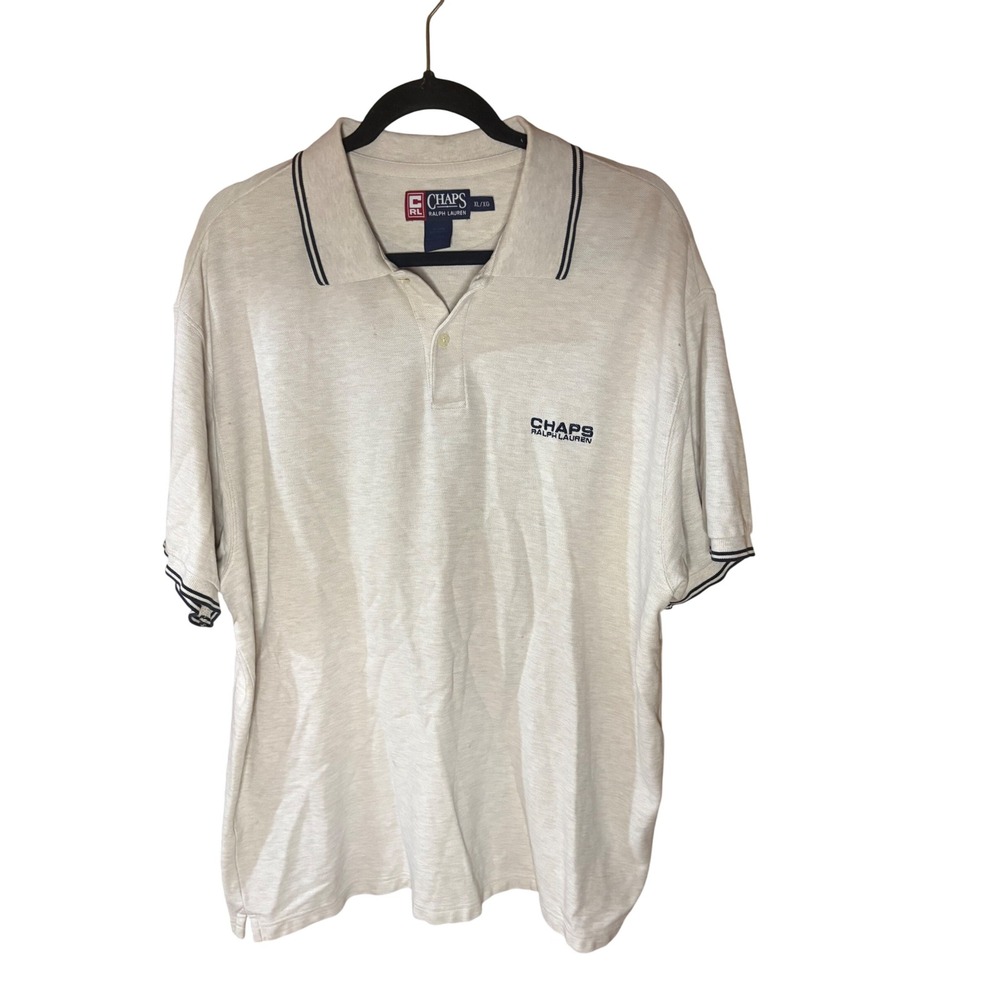Chaps Ralph Lauren Mens XL Beige Cotton Pique Polo Shirt Short Sleeve Navy Trim